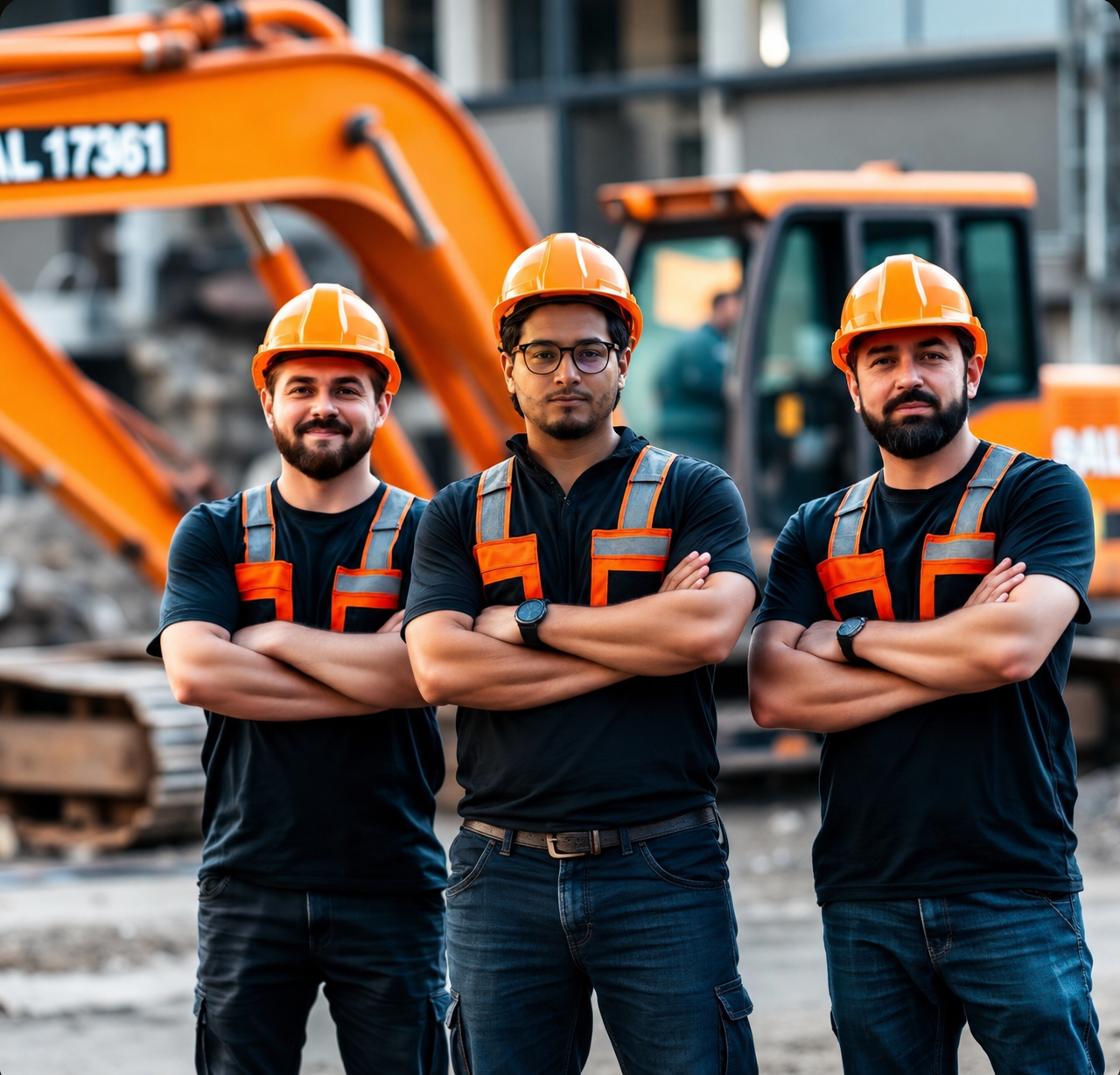 SoCal Demo crew standing in front of excavator